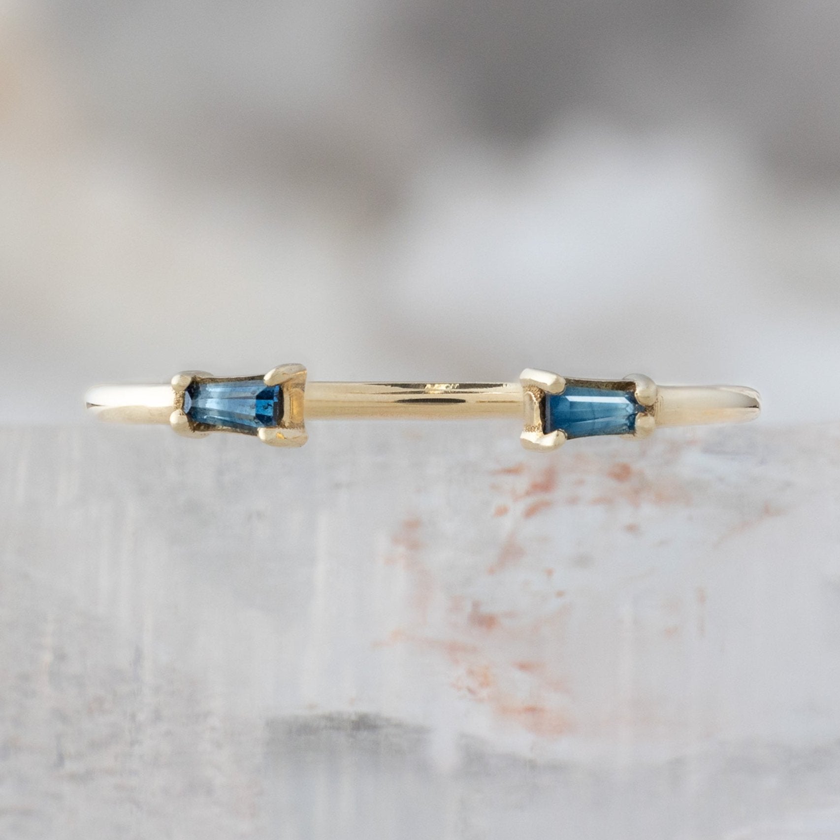 One of a Kind Open Cuff Montana Sapphire Baguette Stacking Band | 14K or 18K Yellow Gold