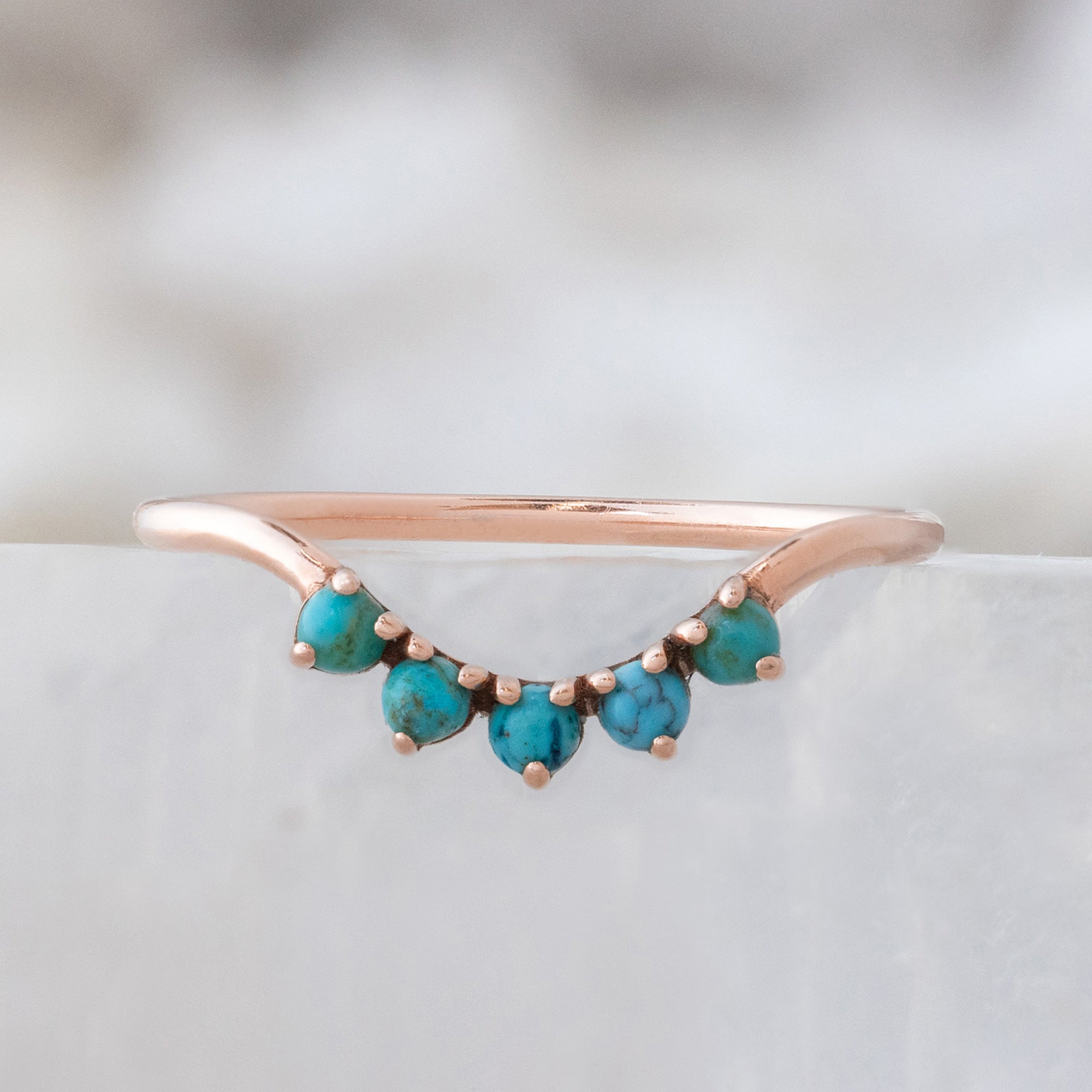 One of a Kind Round Turquoise Sunburst Stacking Band | 5 Stone Setting in 14K or 18K Rose Gold