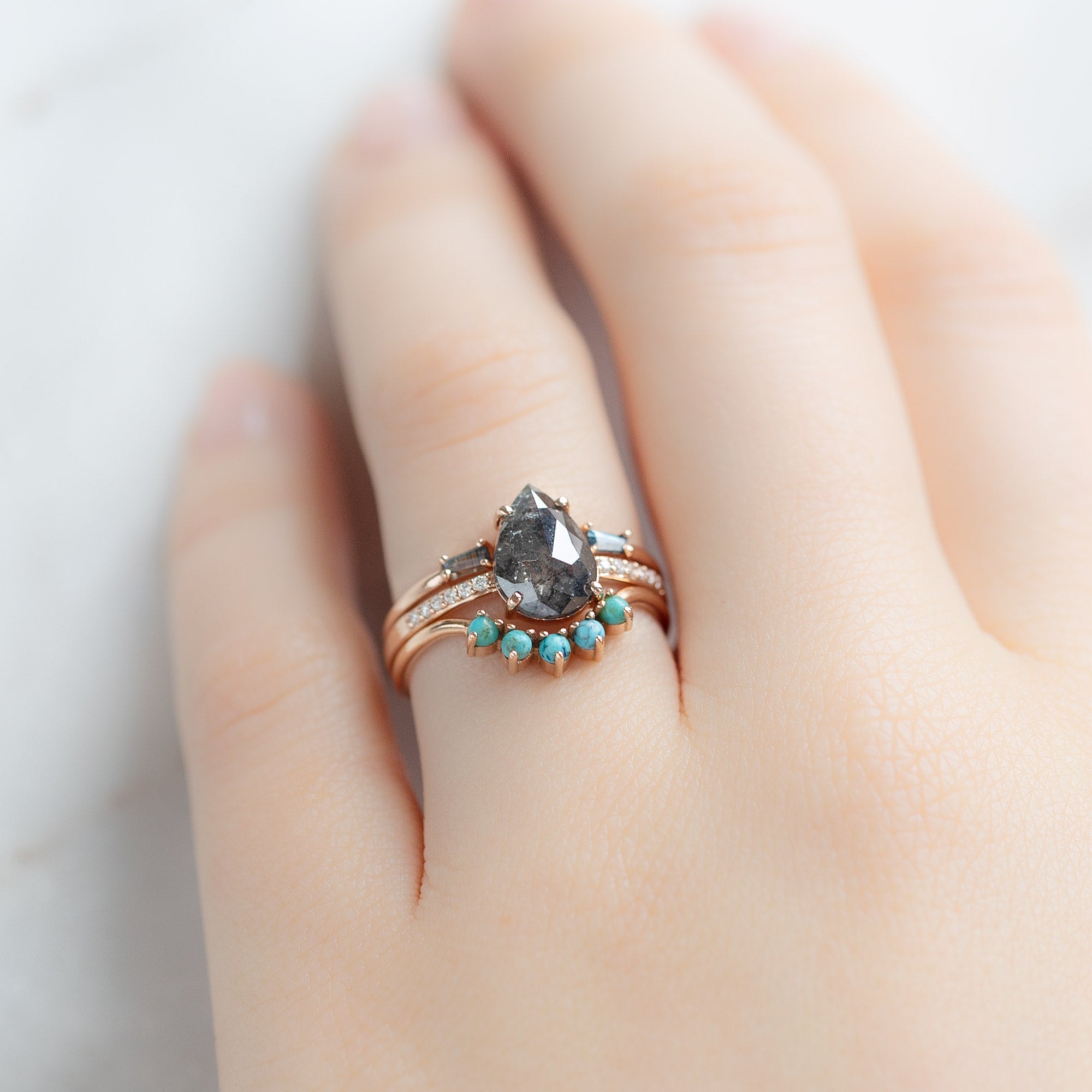 One of a Kind Round Turquoise Sunburst Stacking Band | 5 Stone Setting in 14K or 18K Rose Gold