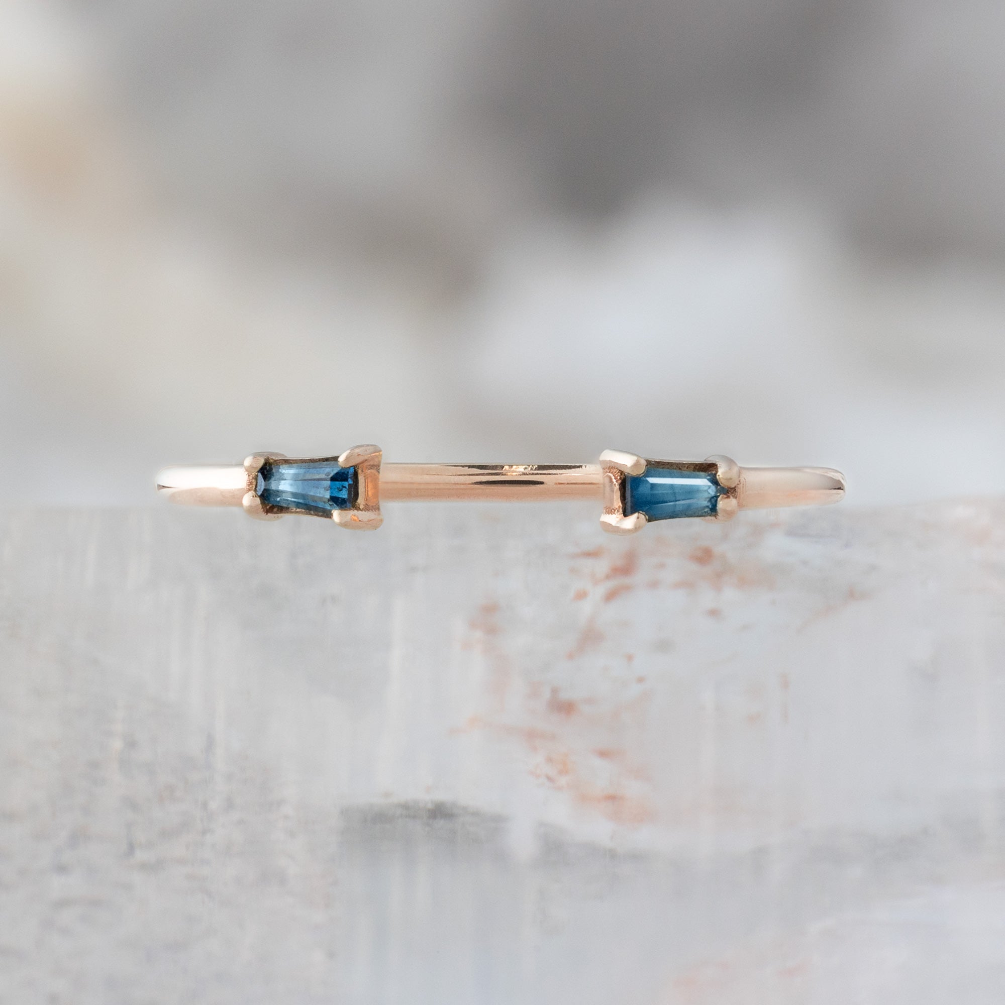 One of a Kind Open Cuff Montana Sapphire Baguette Stacking Band | 14K or 18K Rose Gold