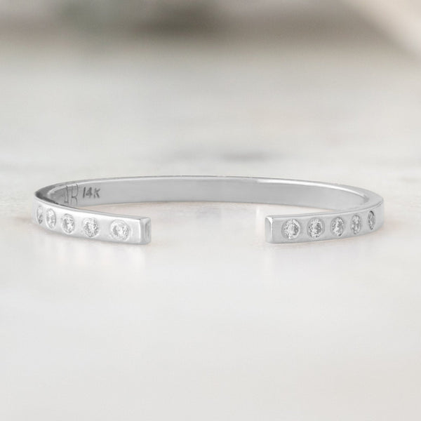 Alexis Russell Wedding Bands Open Cuff Flush Set White Diamond Pavé Stacking Band | Yellow, Rose or White Gold