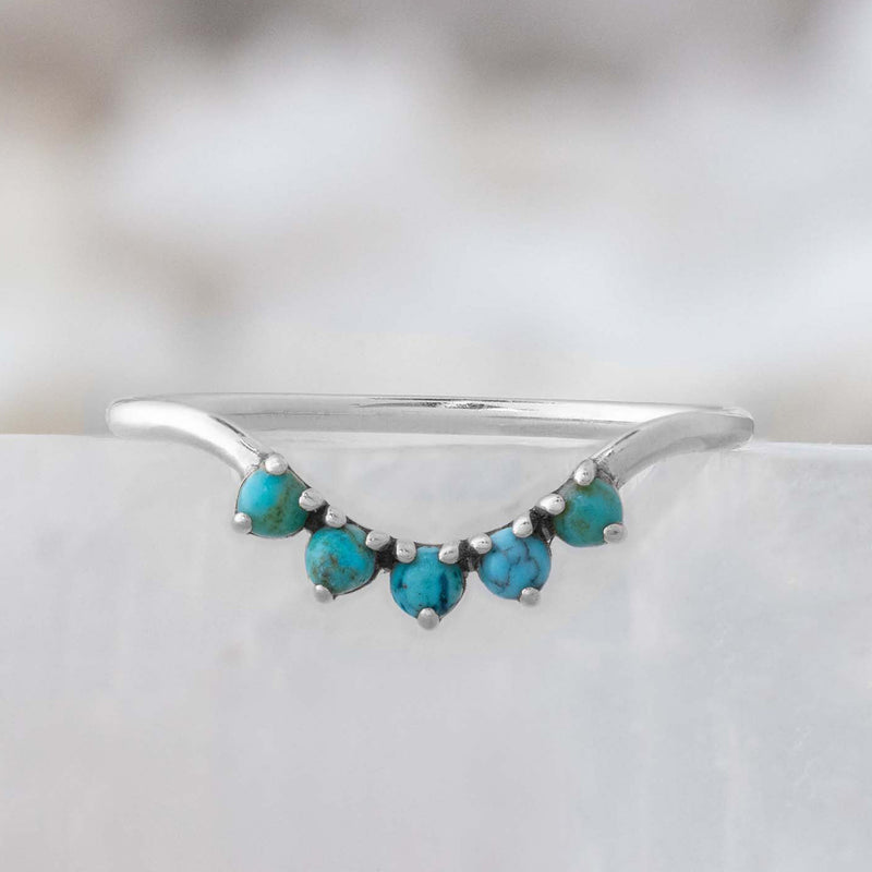 One of a Kind Round Turquoise Sunburst Stacking Band | 5 Stone Setting in 14K or 18K White Gold