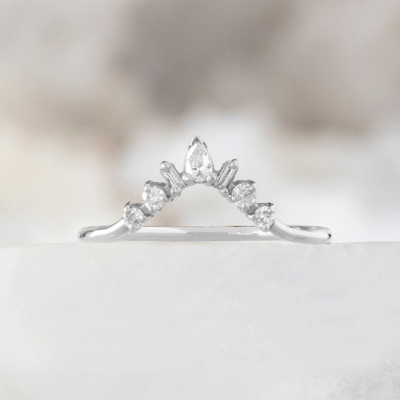 One of a Kind Geometric White Diamond Sunburst Stacking Band | 14K or 18K White Gold