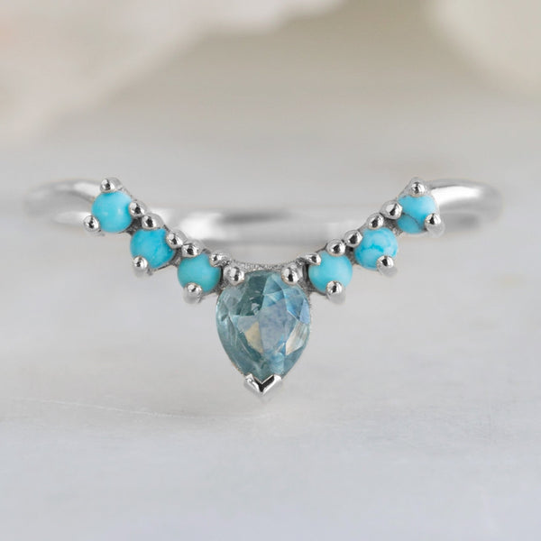 Alexis Russell Wedding Bands Montana Sapphire + Turquoise Sunburst Stacking Band | Yellow, Rose or White Gold